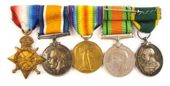 A WWI group of five to '1101 Cpl W G Davies R W Fus':, 1914-18 Star, War Medal, Victory Medal,