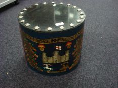 A brass painted Inniskillng Regimental drum case by George Potter & Co, Aldershot:,