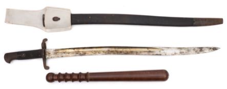 A British Enfield pattern bayonet in steel scabbard, together with a plain truncheon: (2).