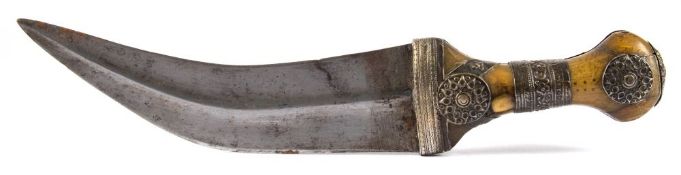 A 19th century Middle Eastern rhino horn and whitemetal mounted jambiya:,