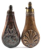 A copper and brass shot flask by G & J W Hawlsley, with anthemion decoration:,