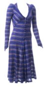 Biba, a party dress in purple , black and gold coloured stripes:,