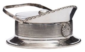 An early 20th century silver plated butter dish in the form of an inverted peaked cap:,
