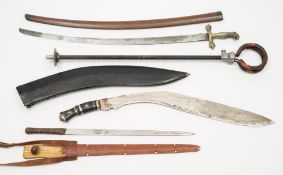 An African short sword with leather scabbard:, together with an eagle hilt sword,