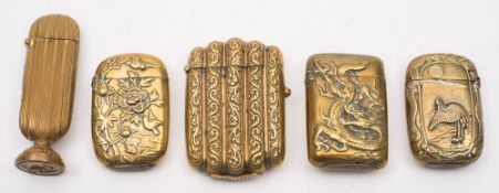 Five late 19th/early 20th century gilt brass vestas:, two with Chinese style decoration,