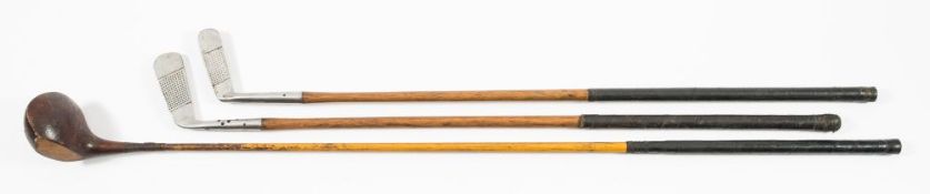 An Athletic Stores Ltd (Belfast) 'Special' wood and 'Star Maxwell' together with a 'Gem Putter':.