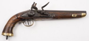 A 19th Century flintlock holster pistol:, unsigned, plain 9 inch barrel with brass capped forend,