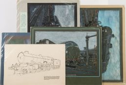 A collection of four crayon on Ingres paper illustrations of trains by Colin Brown: and an ink on