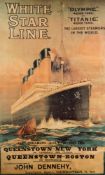 A reproduction White Star Line poster together with a brass table lamp:,