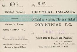 An unused visitor's pass for Corinthians v Yorkshire Amateurs at Crystal Place 15th March, 1930.