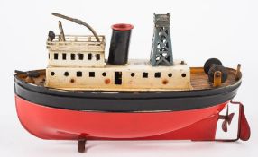 A tinplate clockwork fireboat by Bing Werke, Germany:, black and red funnel, grey tower,