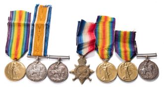 Two WWI pairs and a WWI trio '27874 Pte J W Crimp Hamps.R' '203775 Cpl C Bowden Durh L.