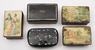 Five 19th century mache snuff boxes:,