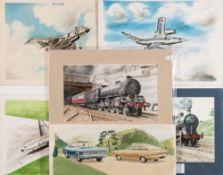 A collection of six ink and watercolour illustrations by Colin Brown:,
