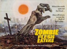 A British quad poster for 'Zombie Flesh Eaters' (1979) directed by Luci Fulci:,