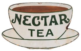 An enamel advertising sign for 'Nectar Tea' in the form of a cup and saucer:,