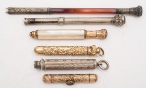 A Victorian seal top sliding pencil by Buttlet & Co, London:, together with an agate seal top pen ,