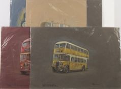 A collection of nine crayon on Ingres paper illustrations of buses by Colin Brown:,