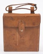 A leather cased hunting set:, containing a silver plated sandwich box and a glass flask.