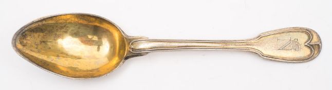A Continental silver gilt teaspoon of fiddle and thread pattern,