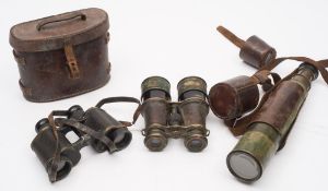 A WWI period brass three draw telescope in leather case:, unsigned,