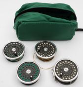 A Hardy Marquis 'Salmon No 1' fly reel:, together with three additional spools in an associated bag.