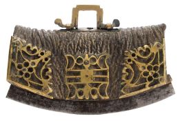 A Japanese steel and brass mounted leather flint striker pouch: with square section handle and