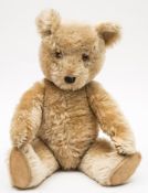 A golden plush Teddy bear:, with glass eyes,