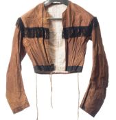 A Victorian brown silk bodice with black felt trim:,