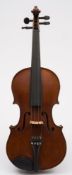 A 19th century violin:, scrolling head stock over ebony finger board and body with sound holes,