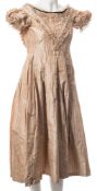 A late Victorian pink and white silk pinstripe dress:, with lace trim to collar and sleeves,