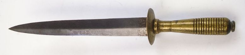 A divers type knife: with 19cm, double edged blade with ring turned brass handle,