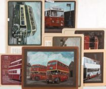 A collection of seven crayon on Ingres paper illustrations of buses by Colin Brown:,