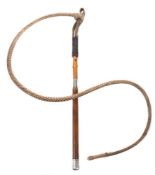 A silver and leather mounted swagger stick style riding whip:.