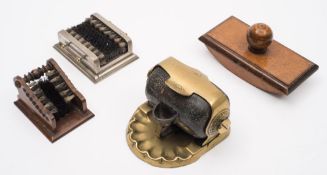 A Victorian stoneware and brass desk inkwell on a shell form base:,
