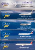 Gemini Jets, five 1/400 scale diecast airliners: includes Airbus A320, Boeing 737-700,