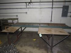 Packing Table with 10ft Hydrol Roller conveyor and two work surface with plywood tops on casters,