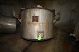 Aprox. 530 Gal. S/S Tank, with Cone Bottom and Rear Heating Coils, Hinge Lid, Agitation Station (