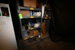 (7) Pcs. Includes (2) Sections Steel Racks with Supplies, Desk, Chair, File Cabinet, Coat Tree,