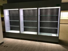(3) Sections Light Blue Wood Product Display Cases with (3) Glass Shelves and Top and Bottom
