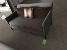 W 60 D 32 H 28 Bright Eno High Back Love Seat in a Pearlescent Green with Dark Wood Stained Legs and