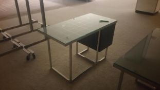 48Wx24Dx29.5H Chocolate Wood, Chrome Legs, Leather Wrapped Top with Glass Cover Desk with Push/Clasp