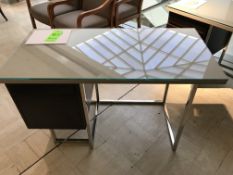 48Wx24Dx29.5H Chocolate Wood, Chrome Legs, Leather Wrapped Top with Glass Cover Desk with Push/Clasp