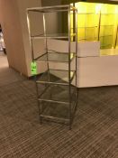 (3) Pieces Nickel and Glass Product Displays (2) 6-Tier Shelves and (1) Leather Topped Pedestal
