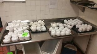 White Ceramic Tea Pots, Mugs , Cream Jars, Trays and FlatWare Holders Rigging Cost: $20 Will be