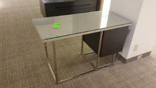 48Wx24Dx29.5H Chocolate Wood, Chrome Legs, Leather Wrapped Top with Glass Cover Desk with Push/Clasp