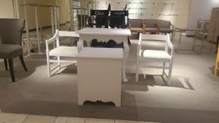 White Table with (2) White Chairs with fabric covered cushions 33x33x31 and (1) White End Table