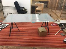 Frosted Glass with Black Metal Legs ~8' Dining Table with Red and Yellow Patterned Rug