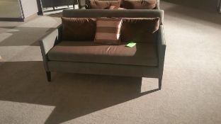 W 60 D 32 H 28 Bright Eno High Back Love Seat in a Pearlescent Green with Dark Wood Stained Legs and