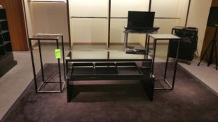 Chrome and Frosted Glass Product Display Table 30x66x37.5 Rigging Cost: $35